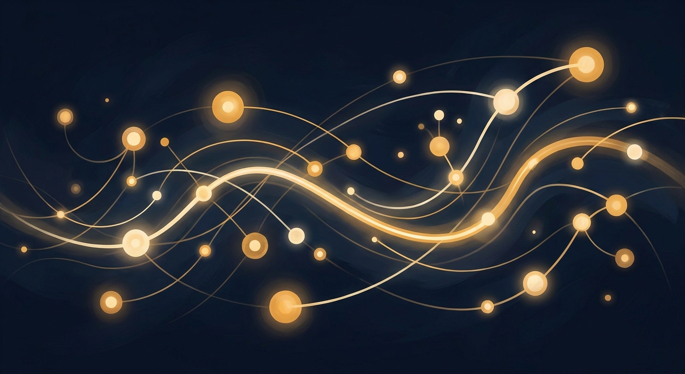 Abstract network of connected systems with glowing gold nodes